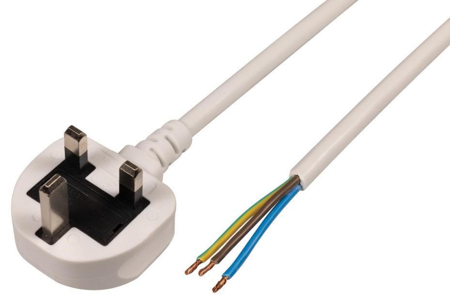 UK Plug to 1.5mm Cable Stripped Bare Ends, 2m/5m White 13A - UK Infrared Heating Company